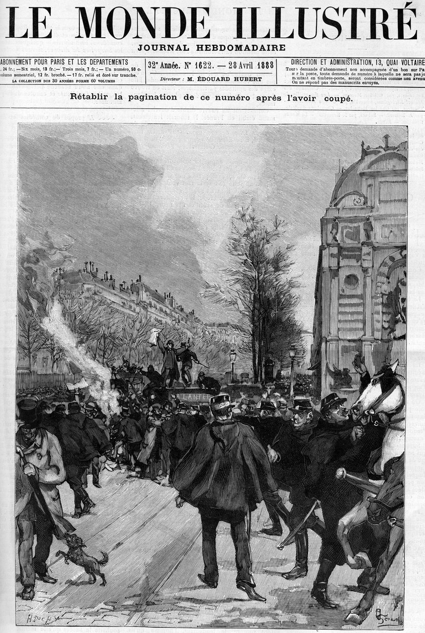Anti-bakery demonstration: Saint Michel Square demonstration, where copies of the “Lantern” are burns. Gerardin drawing for the Cover of “The Illustrous World”” of 1888. av Unknown artist