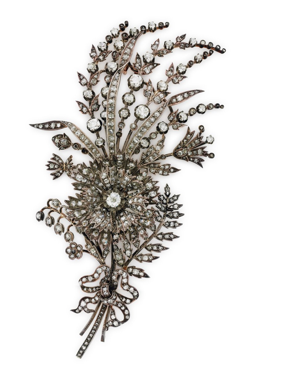 Antikk korsasjebrosje med diamanter, ca. 1885 (diamanter satt i sølv og rosa gull) av Unknown artist