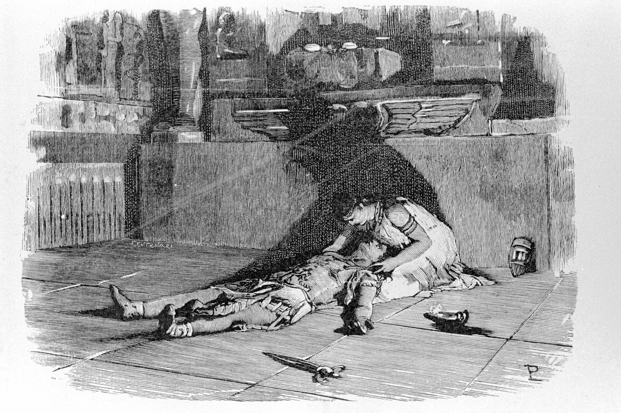 Antoine eller Marc Antoine (83 f.Kr. - 30 f.Kr.) døde i Kleopatras armer etter å ha dødd i troen på Kleopatras selvmord. Gravering av 1800-tallet. av Unknown artist