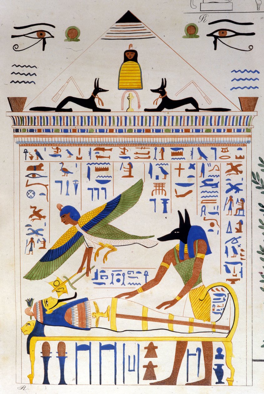 Anubis tar seg av mumien mens sjelen til den avdøde flyr for transmigrasjon - i "" Monuments of Egypt and Upper Nubia"" av Ippolito Rosellini (Rossellini). av Unknown artist