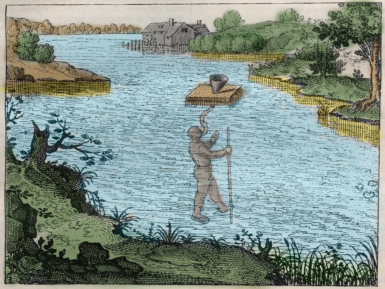 Apparatus to enable diver to breathe under water - A method used by the elders to cross the rivers engraving in “Utriusque cosmi maioris scilicet et minoris metaphysica, physica atque technica Historia”” (Metaphysical, physical and technical history of bot av Unknown artist