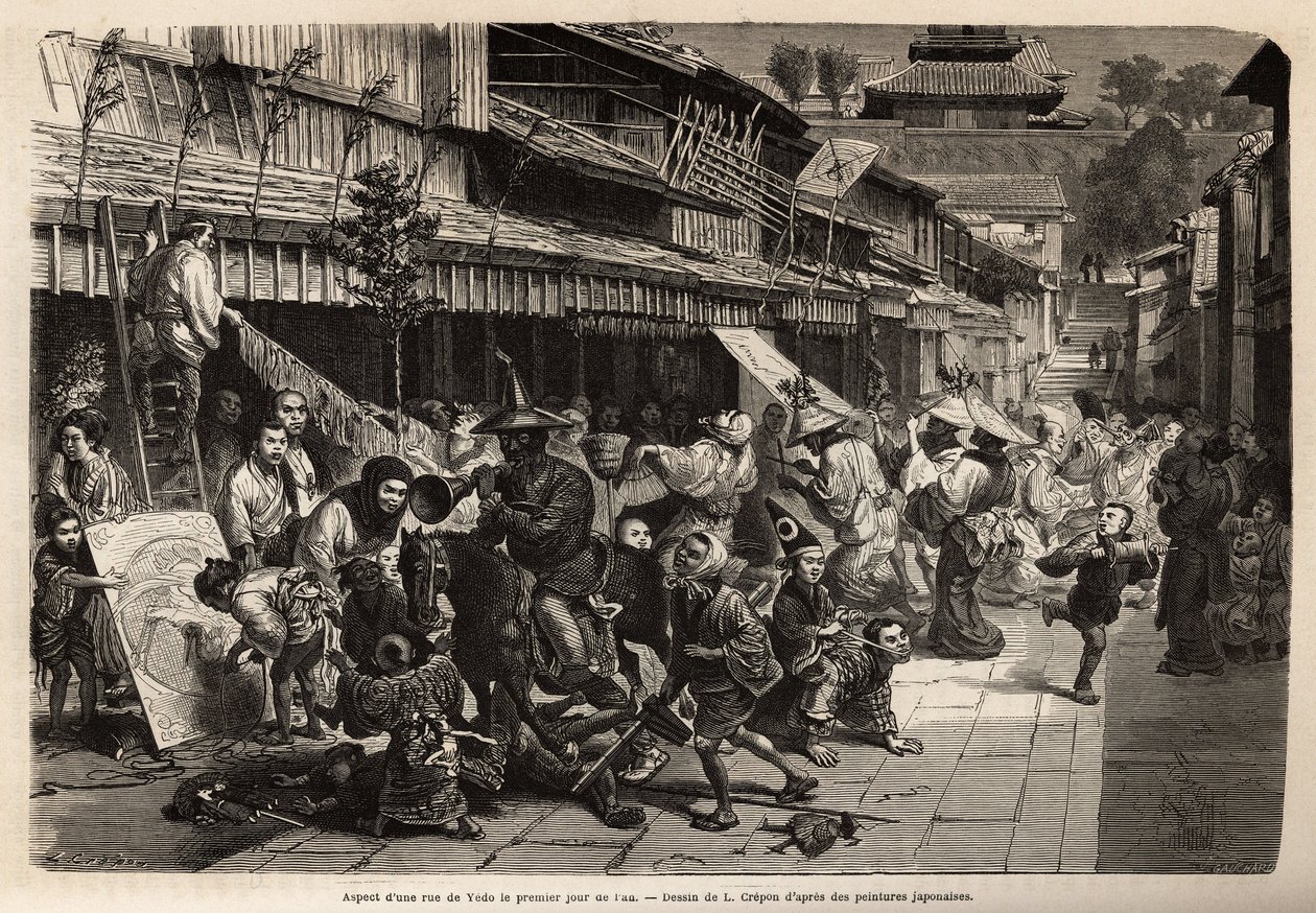 Utseendet til en gate i Edo (Tokyo) på årets første dag, transvestittinnbyggerne går rundt og barnas spill er allestedsnærværende: drager (drager) av papir, sting, topper og bøyler, truger, valper og bilder laget av papirmache , blant av Unknown artist