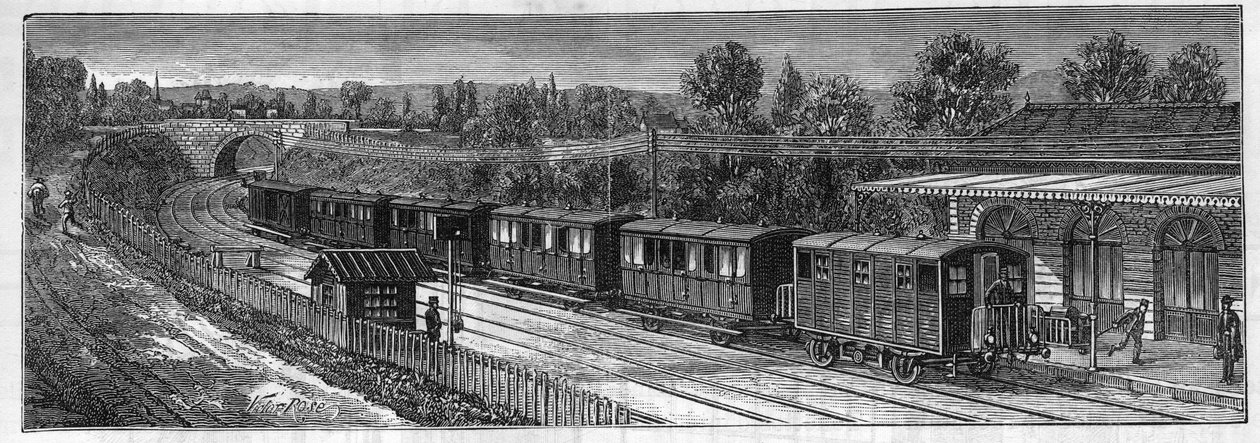 Application of Faure batteries: Electric train on a railway voice in a station. Engraving in “” Le Monde Illustré”” av Unknown artist