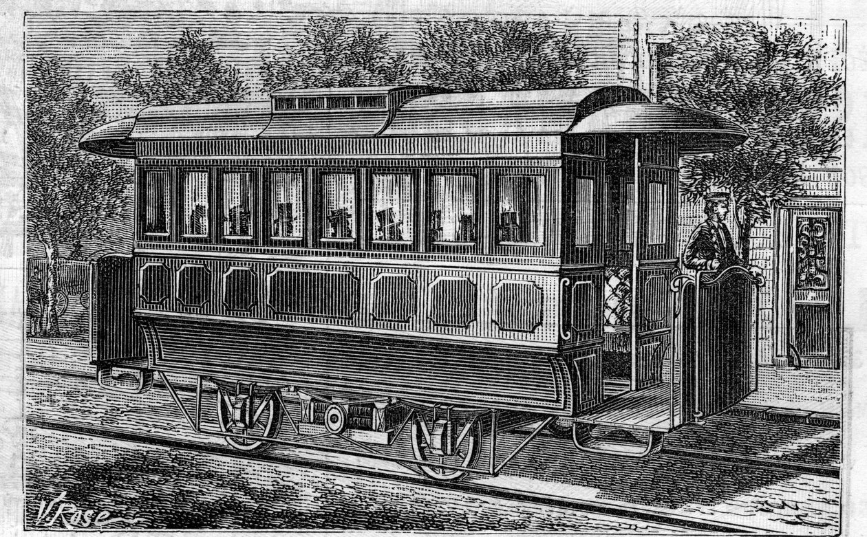 Application of Faure batteries: Electric tramway, model of the company of Omnibus, powered by batteries. Engraving in “” Le Monde Illustré”” av Unknown artist