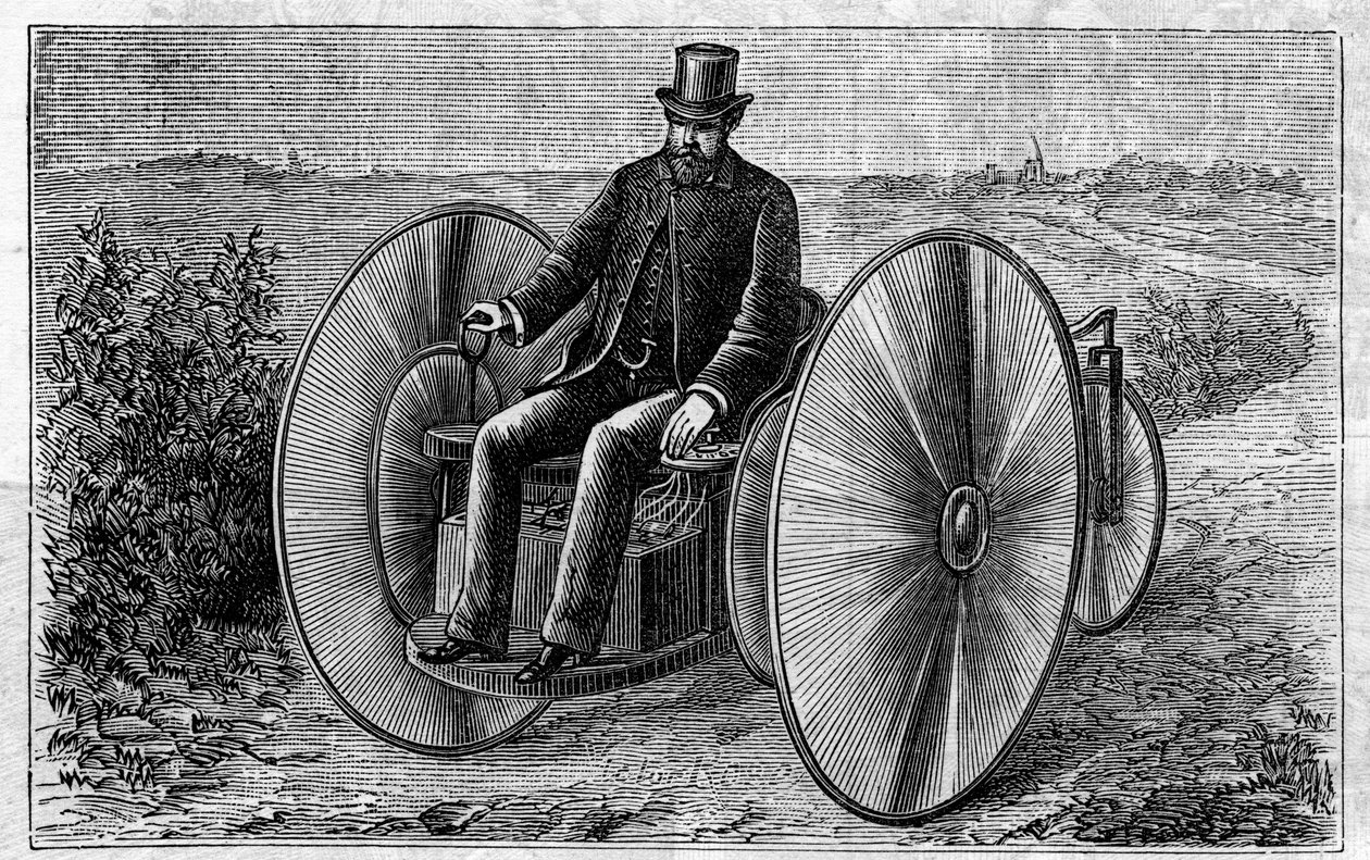 Bruk av Faure-batterier: elektrisk trehjulssykkel som beveger seg gjennom akkumulatoren. Gravering i "" Le Monde Illustré"" av Unknown artist
