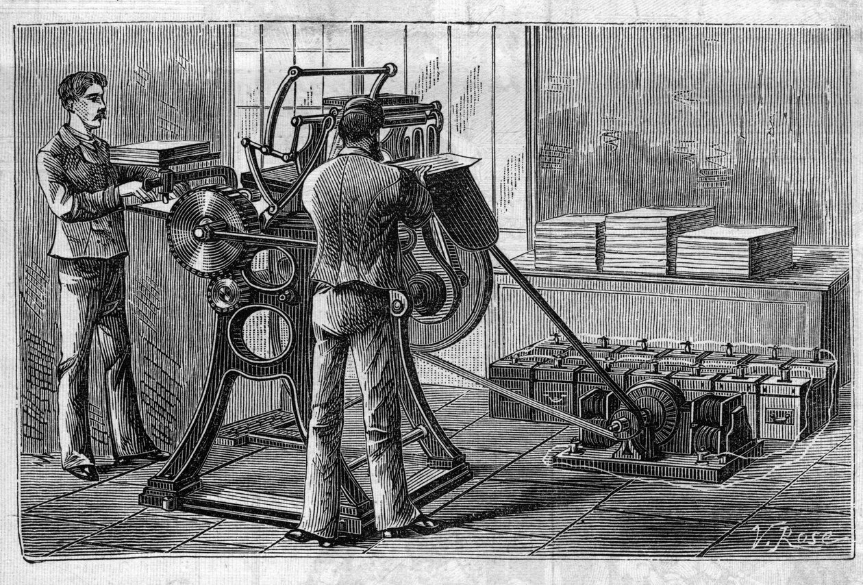 Application of Faure batteries: printer operated by the accumulator. Engraving in “” Le Monde Illustré”” av Unknown artist