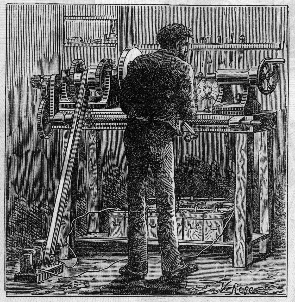 Application of Faure batteries: turn of a craftsman powered by the accumulator. Engraving in “” Le Monde Illustré”” av Unknown artist