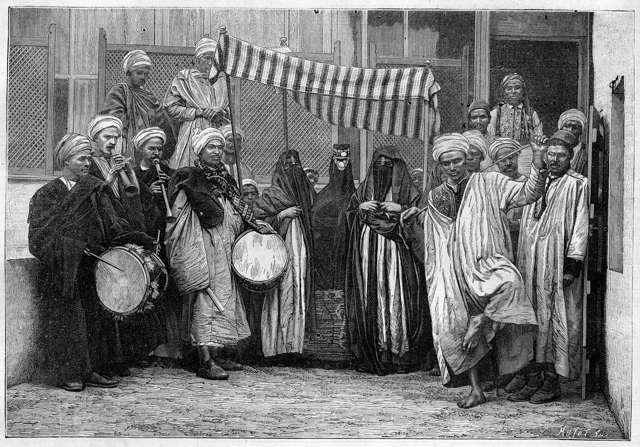 Arabisk skikk i Egypt: Bridal Cortege i Kairo. Gravering i "" Le Monde Illustré"" av Unknown artist