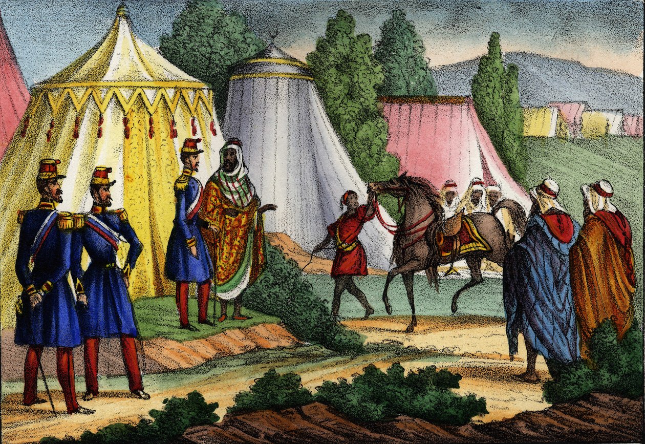 Arabisk leder tilbyr en hest til en offiser fra den franske hæren i Afrika, Algerie av Unknown artist