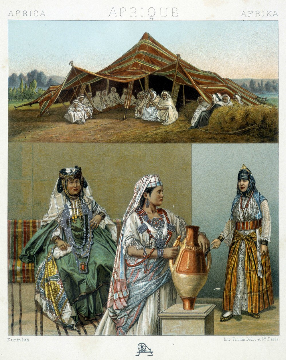 Arabisk telt, algeriske kvinnekostymer - i "" Le costume historique"" av Racinet av Unknown artist