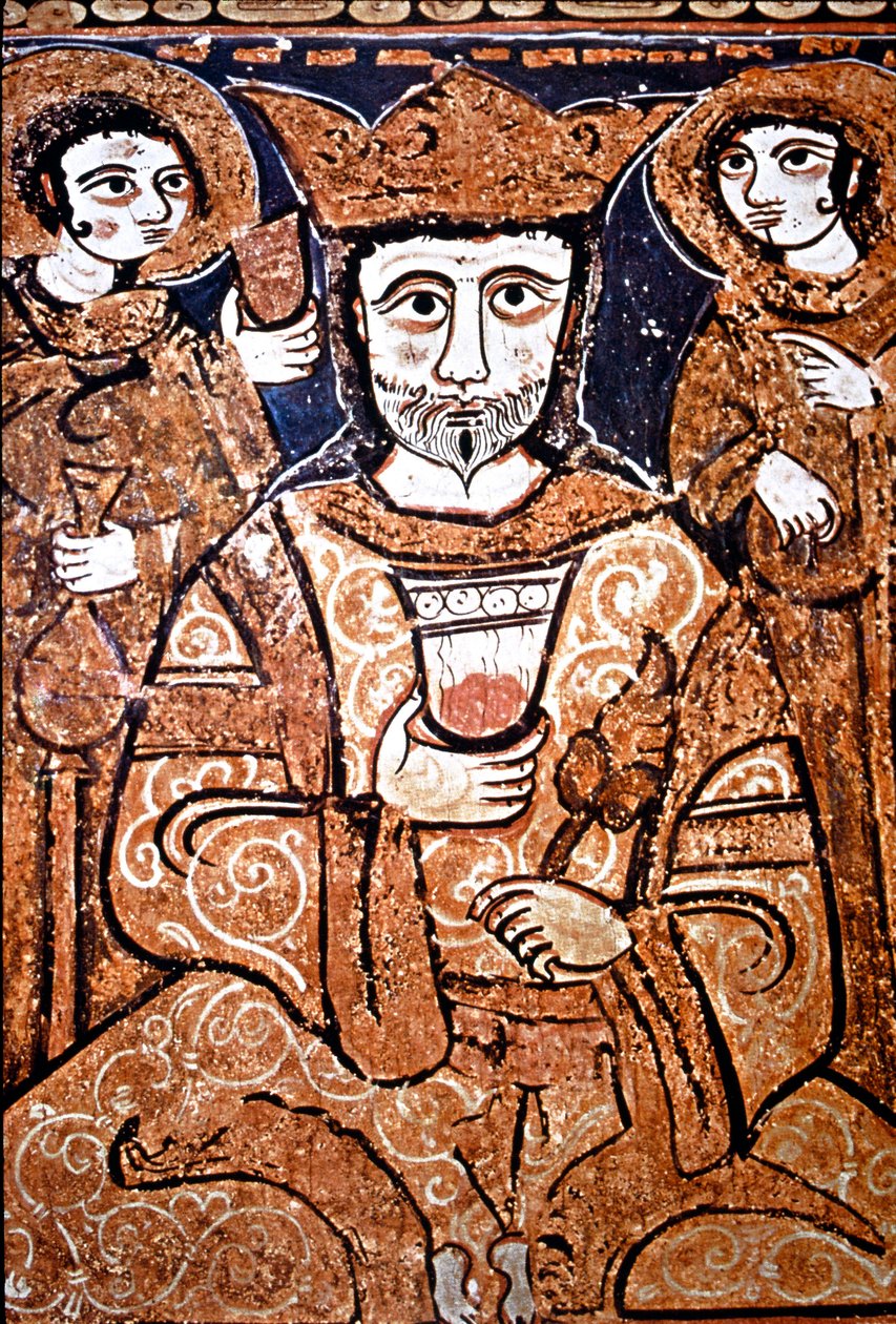 Portrett i Arabonormand-stil av Roger II av Sicilia (1095-1154) omgir høye dignitærer. Maleri på tre fra 1100-tallet. Palermo, Cappella Palatina del Palazzo Reale (Palatine Chapel of the Royal Palace) Sicilia, Italia av Unknown artist