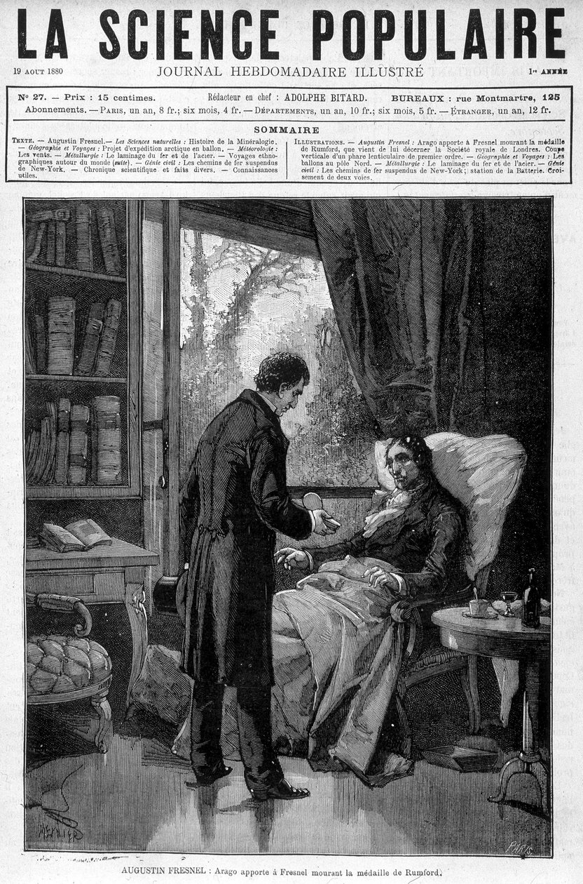 Arago bringer Augustin Fresnel døende medaljen til Benjamin Thompson Earl of Rumford - i "" Popular Science"" av 19.08.1880 av Unknown artist