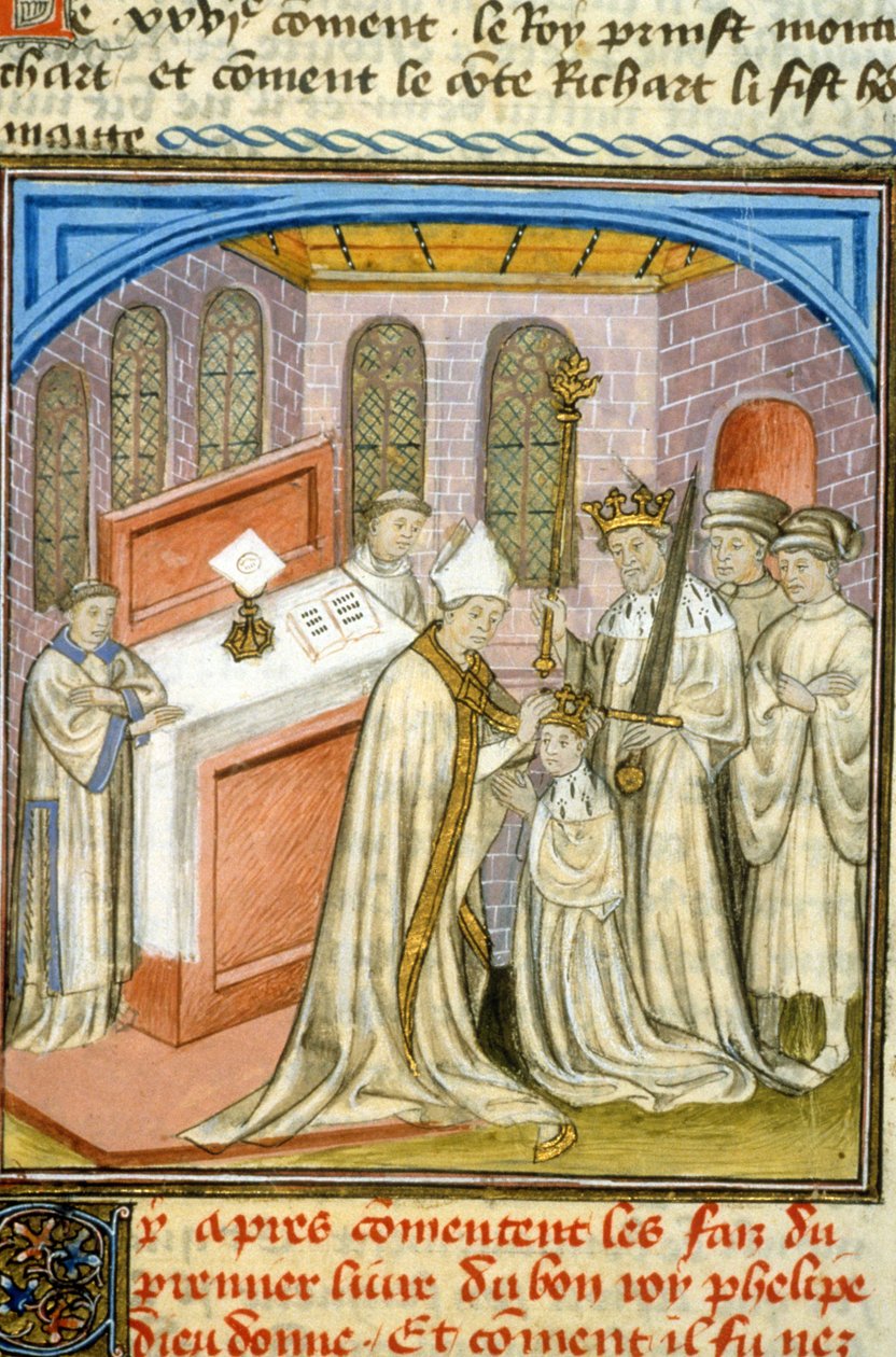 Erkebiskop kronet Philippe Auguste i 1179 - Middelalderens belysning (ref. 512, 226r) Be om tillatelse fra kommunalbiblioteket i Toulouse (tlf: 05 62 27 66 66) av Unknown artist