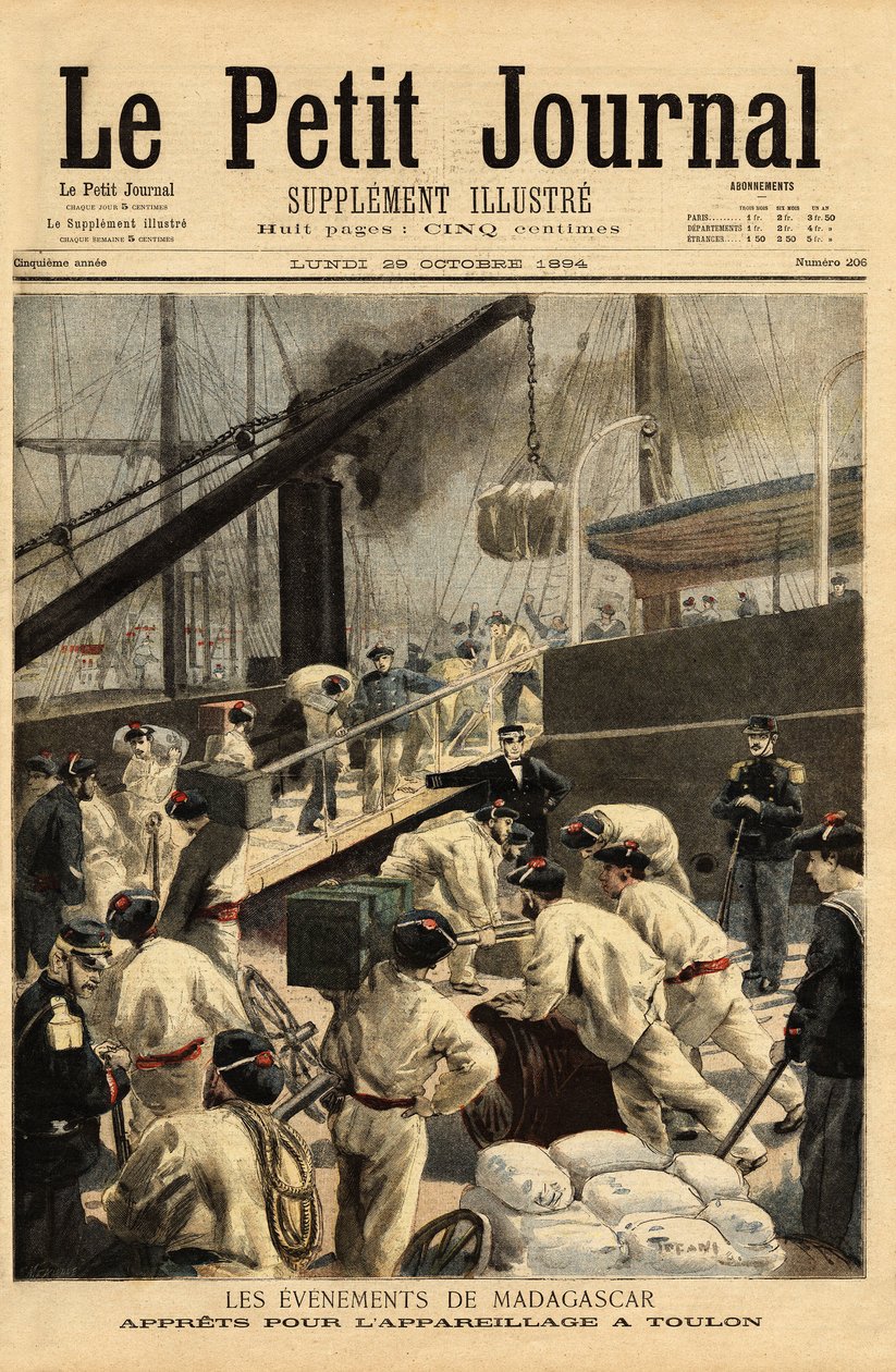 Bevæpning ved Toulon av krysserne Dupetit-Thouars og Laperouse, og boarding av 15 000 tropper, for en ekspedisjon til Madagaskar, etter avgjørelse fra Theophile Delcasse (1852-1923) koloniminister. Gravering i "" Le petit journal"" 29/10/1894. Selvas kolle av Unknown artist