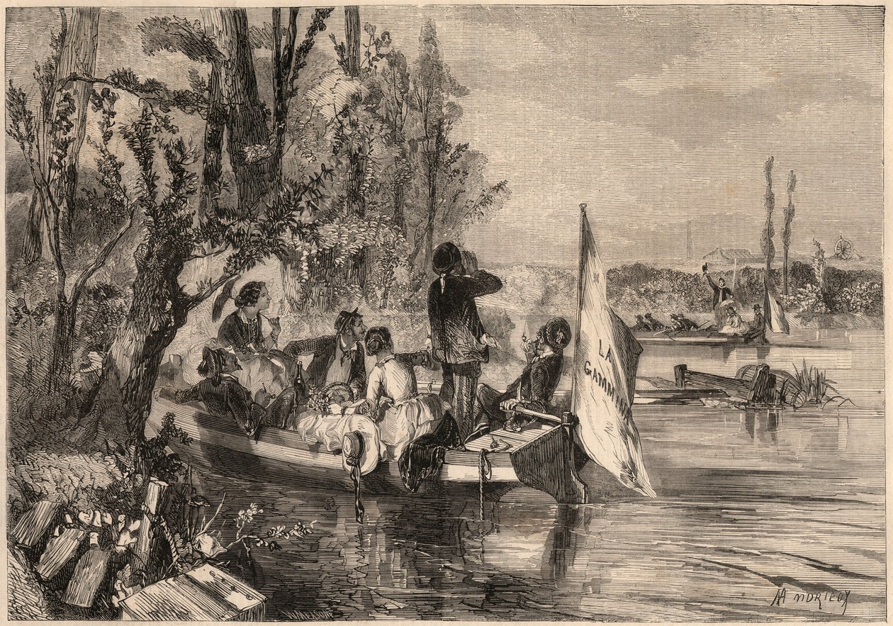 Rundt Paris i 1857. Kanopaderne i Asnieres. Gravering i “Le Monde illustrious”” fra 1857. Privat samling. av Unknown artist