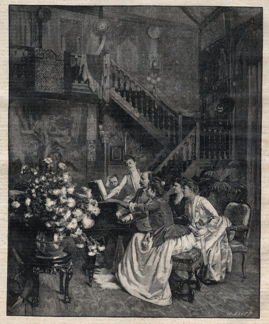 Around a score - Jules Massenet (1842-1912), French composer, playing with friends “Le portrait de Manon” - Engraving in “Le Progres illustrious” de 1895 av Unknown artist