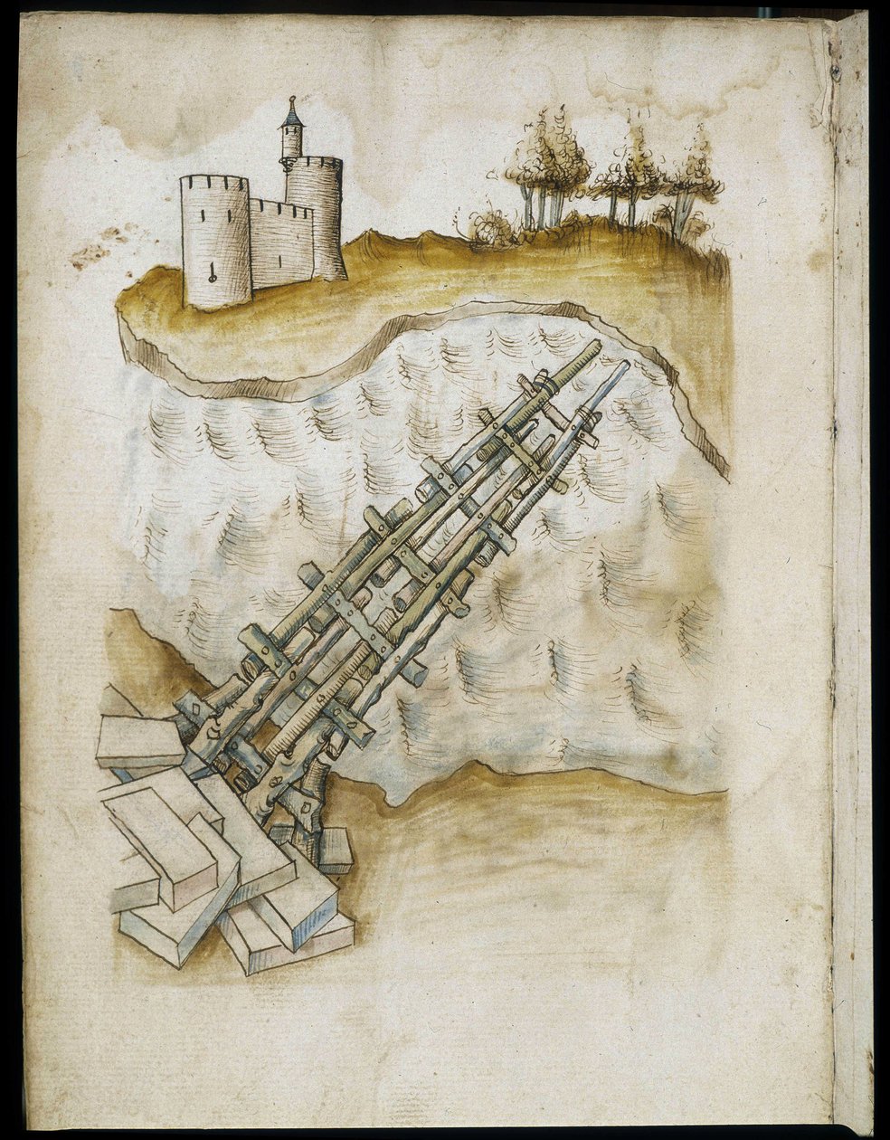 Arrangement av en trebro - Manuskript: pergamentark av en ingeniørhåndbok for bygging av sivile, religiøse og militære bygninger, anonym, sent på 1400-tallet (figur med kinesisk blekk) av Unknown artist