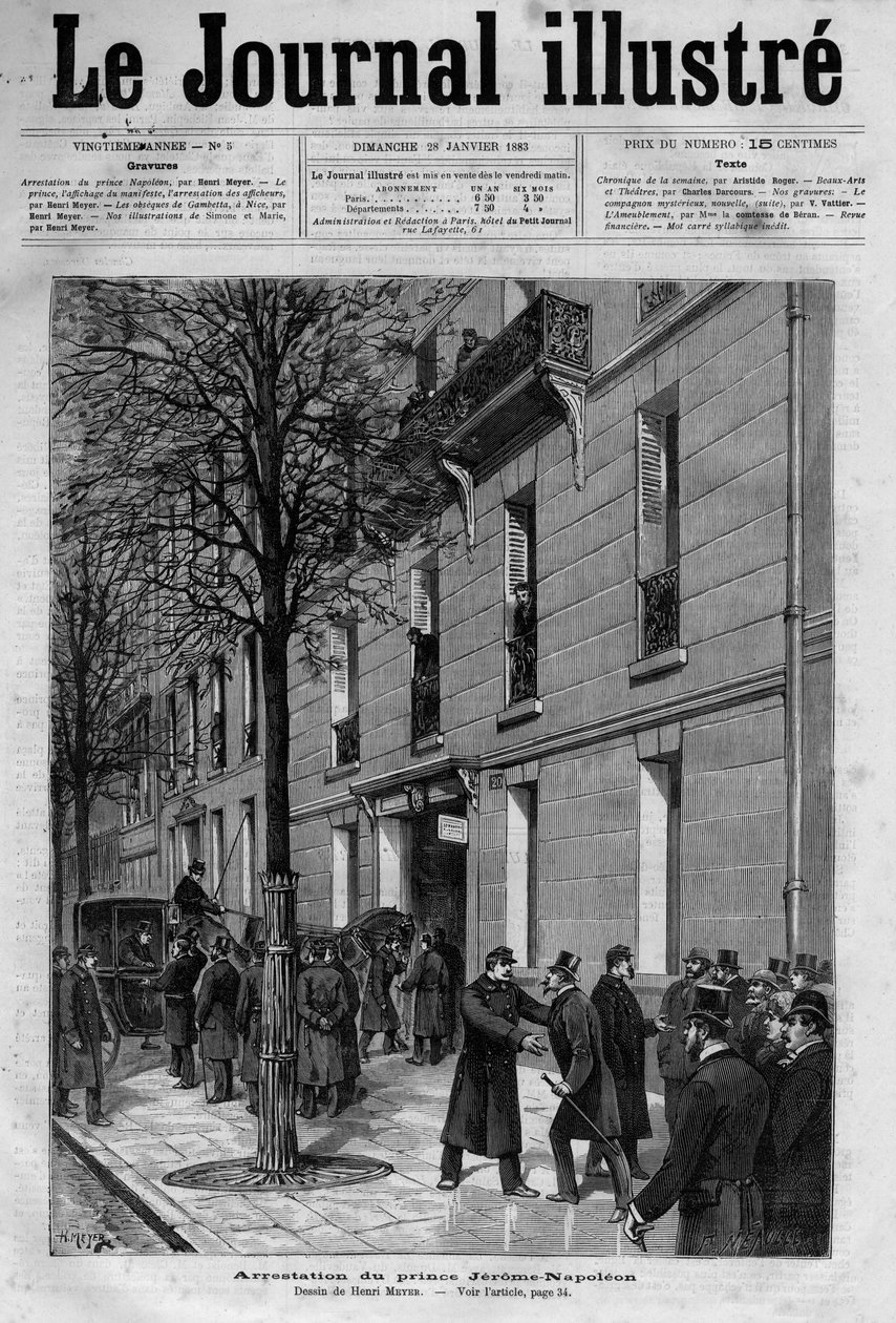 Arrestasjon i 1883 av Jerome Bonaparte dit Plon-Plon (Plonplon) (1822-1891) (Napoleon-Jerome Bonaparte eller prins Jerome Napoleon), sønn av Jerome Bonaparte (1784-1860) - forsiden av "The Illustrous Journal" fra 1883 av Unknown artist