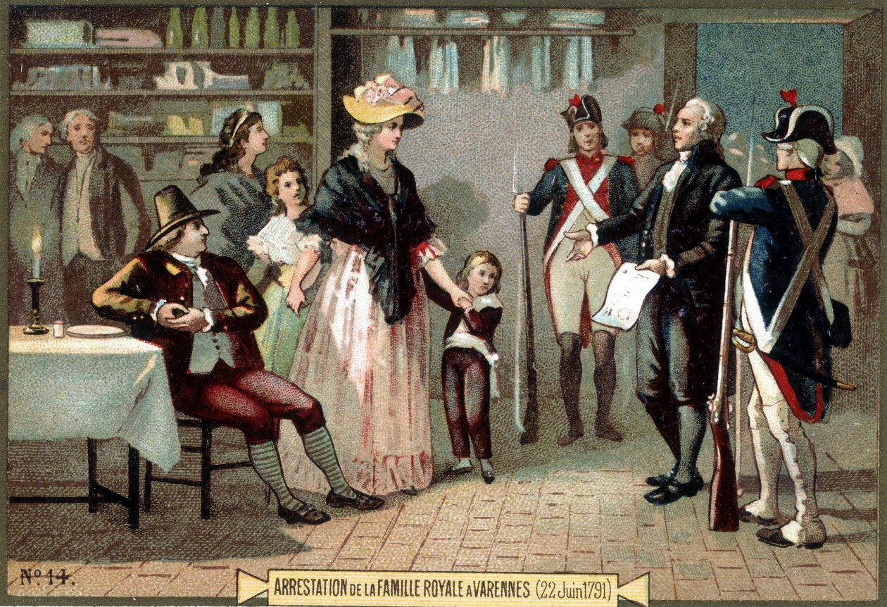 Arrestasjon av kongefamilien (Louis XVI og Marie Antoinette med deres barn) i Varennes (22.06.1791). Kromolitografi 1800-tallet. av Unknown artist