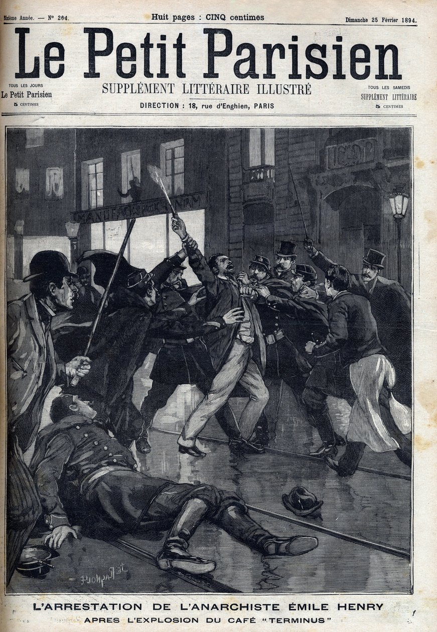 Arrestasjon av anarkisten Emile Henry (1872-1894) etter eksplosjonen av kafeen "Terminus"" i Paris. Gravering i "" Le Parisien"" av Unknown artist