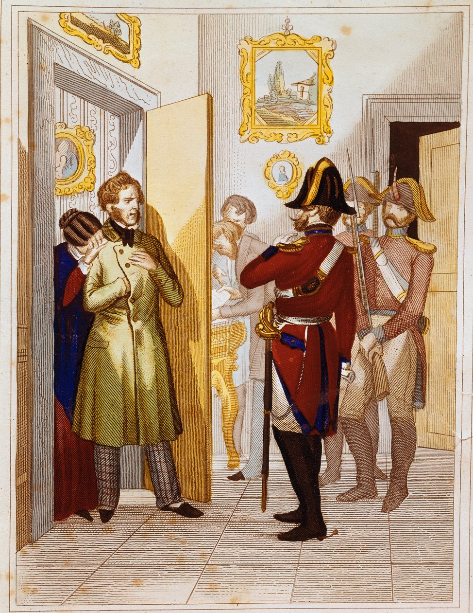 Arrestasjon av patrioten Federico Confalonieri (1785-1846), av italienske tropper. Gravering av Museo del Risorgimento fra 1800-tallet, Roma av Unknown artist