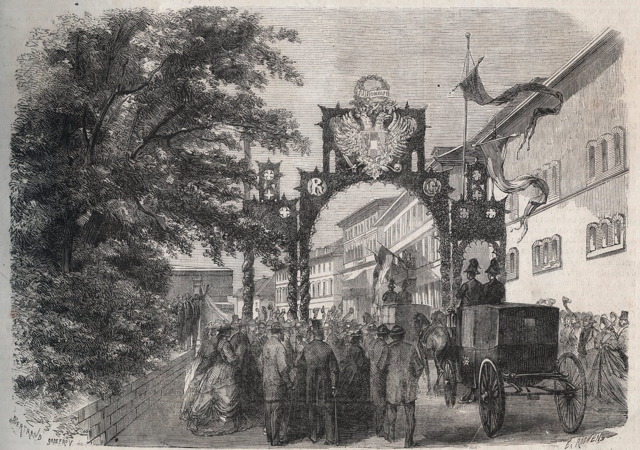 Ankomst av imponen Elisabeth av Østerrike (Sissi) (Elisabeth av Østerrike) i Bad Kissingen (Spa) i 1865 - gravering i "The Illustrous World" fra 1865 av Unknown artist