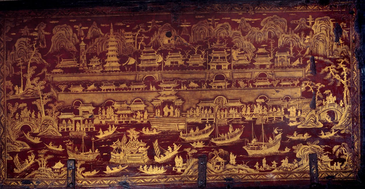 Portugisernes ankomst til Nanjing (Nanjing eller Namquin), Kina. Boksdeksel dekket med rød og gull maling. 17. århundre. Porto, Nasjonalmuseet av Unknown artist