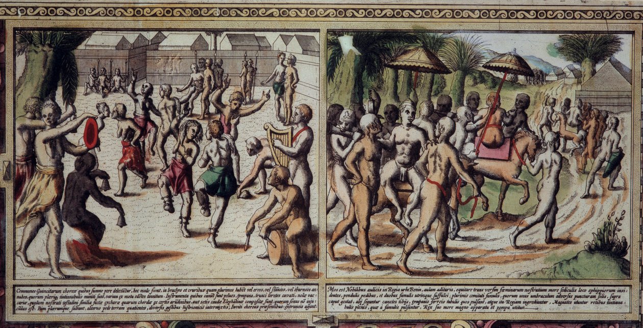 Art Portugal: dans av urfolksdetaljene på kartet over Guinee av Luis Texeira (1602-1650), Gravering fra 1600-tallet. av Unknown artist