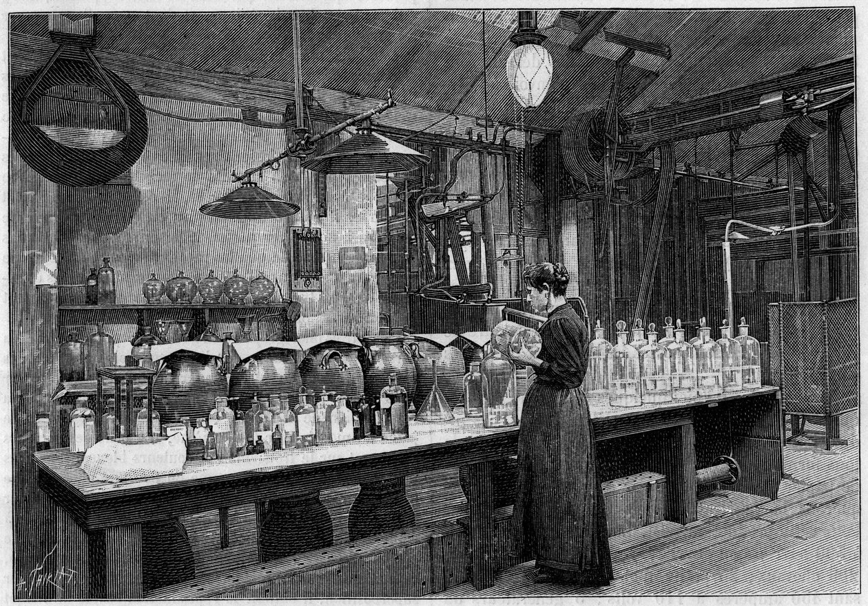 Fotokunst: produksjon av fotografiske plater hos M. Lumiere, i Lyon: tilberedning av sensitiv emulsjon. Gravering i "" Nature: gjennomgang av vitenskapene og deres anvendelser til kunst og industri "" av 16. november 1895. av Unknown artist