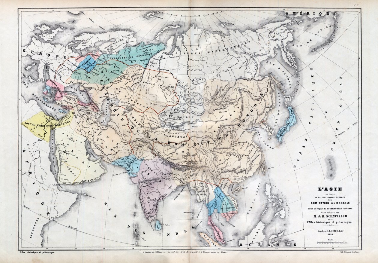 Asia på tidspunktet for den største utstrekningen av mongolsk dominans under Qubilai (Kubilai Khans styre) (1260-1294) - Kart utarbeidet av M J-H Schnitzler, Historical and Picturesque Atlas 1857 av Unknown artist