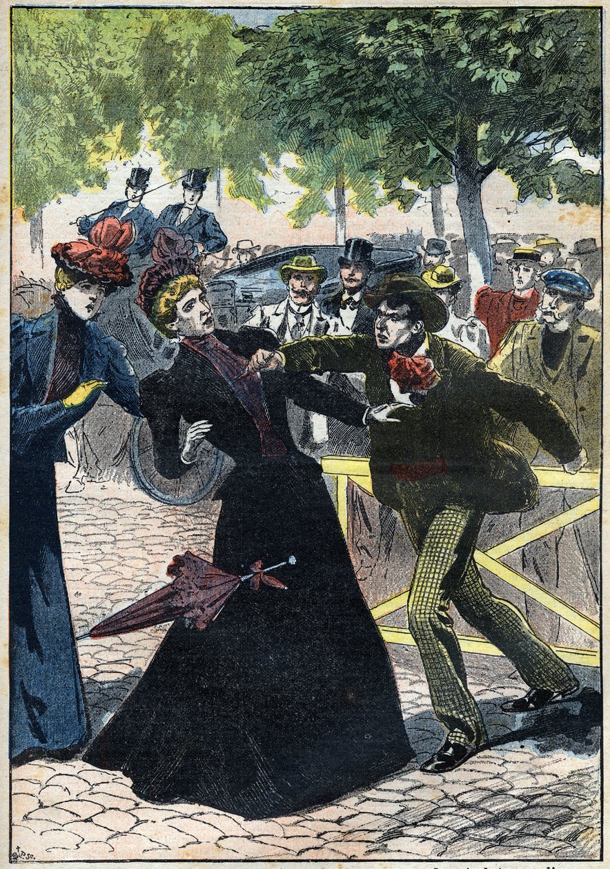Attentatet på imponen Elizabeth av Østerrike (Sissi) av den italienske anarkisten Luccheni i Genève i 1898. Illustrasjon fra 1898. Privatsamling - Attentatet på keiserinne Elisabeth av Østerrike (Sissi) av den italienske anarkisten Luigi Lucheni, i Gen. av Unknown artist