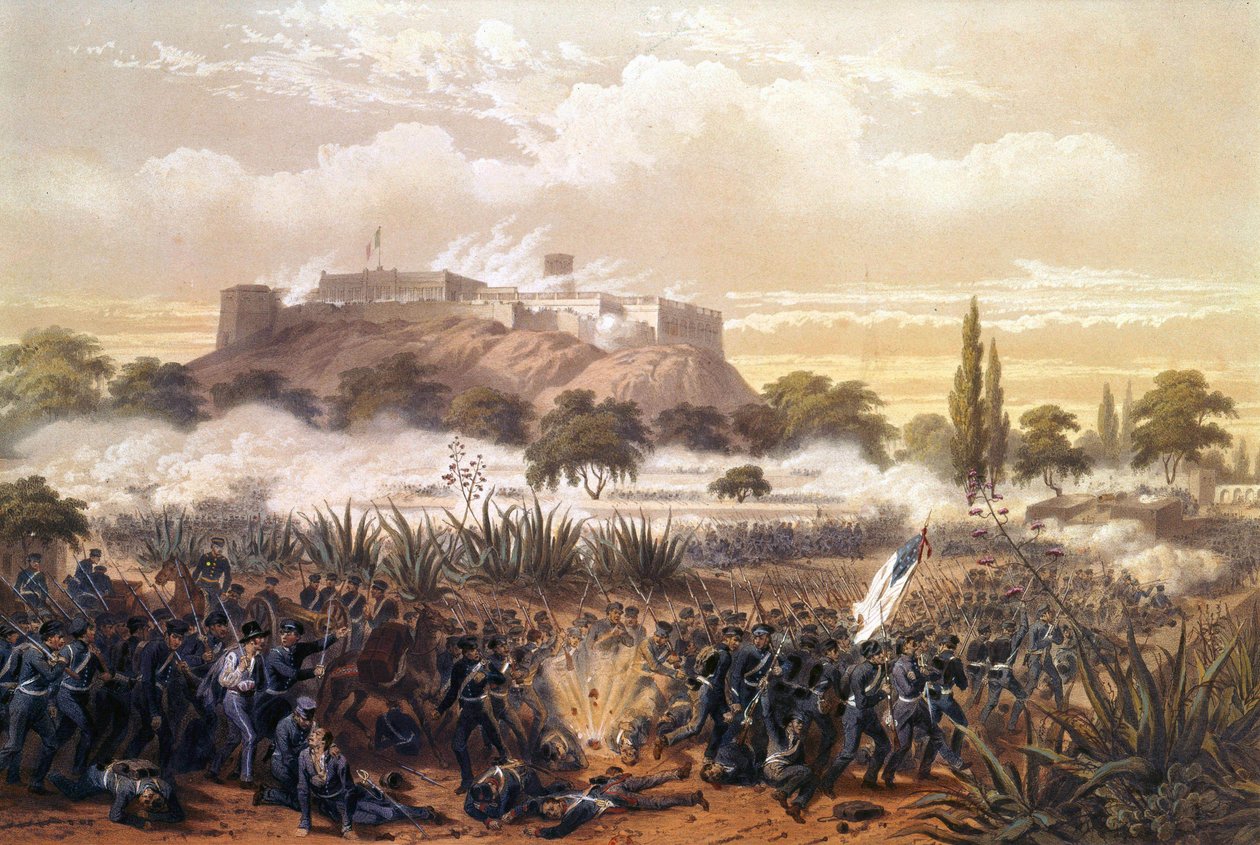 Assault of Chapultepec i september 1847 under krigen mellom USA og Mexico. Gravering fra 1850. av Unknown artist
