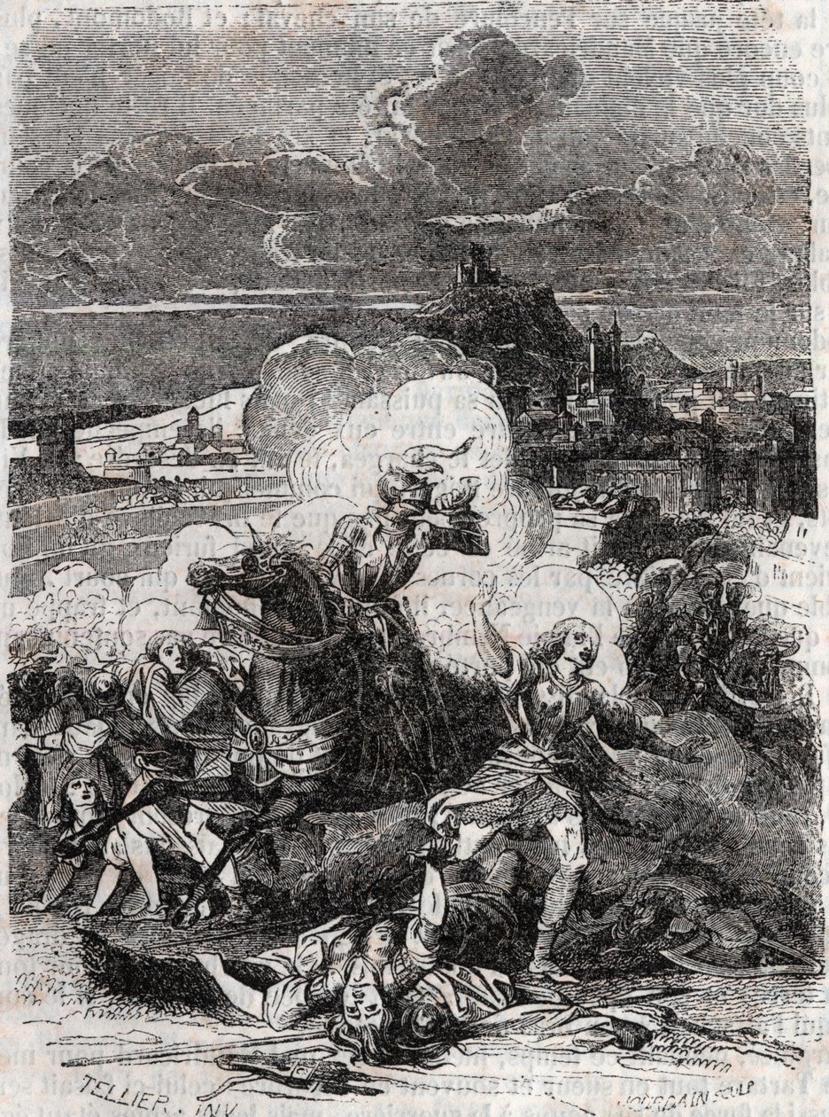 Astolphe får drapskvinner til å flykte - 1851 gravering fra "" Furious Roland"" (Orlando furioso) (1500-tallet) av Ludovico Ariosto, kjent som Ariosta - Utgave oversatt fra italiensk av greven av Tressan og utgitt av Gustave Harvard 1851 av Unknown artist