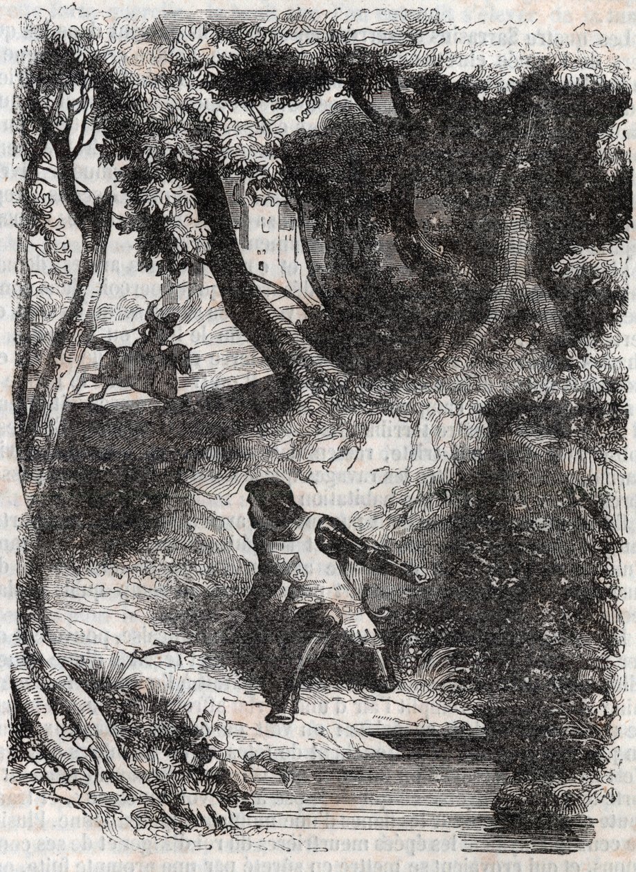 Astolphe på kanten av en fontene - gravering av 1851 fra "" Furious Roland"" (Orlando furioso) (1500-tallet) av Ludovico Ariosto, kjent som Ariosta - utgave oversatt fra italiensk av greven av Tressan og utgitt av Gustave Harvard 1851 av Unknown artist