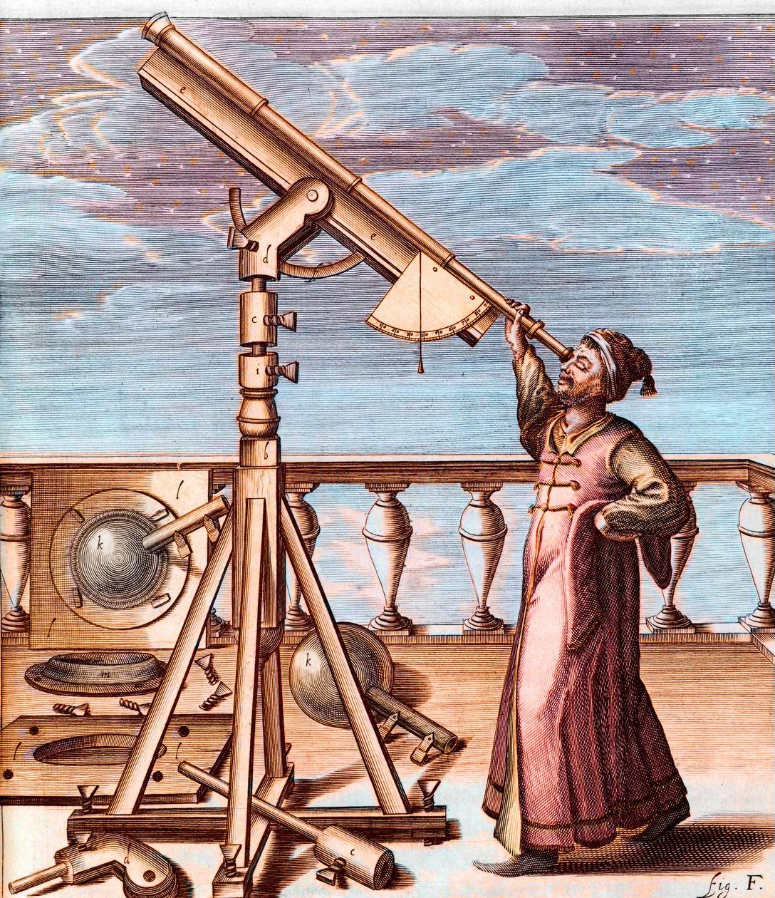Astronom observerer himmelen med et teleskop - fra: Johannes Hevelius (1611-1687), Selenographia, sive Lunae descriptio (Selenography, or A Description of the Moon) av Unknown artist