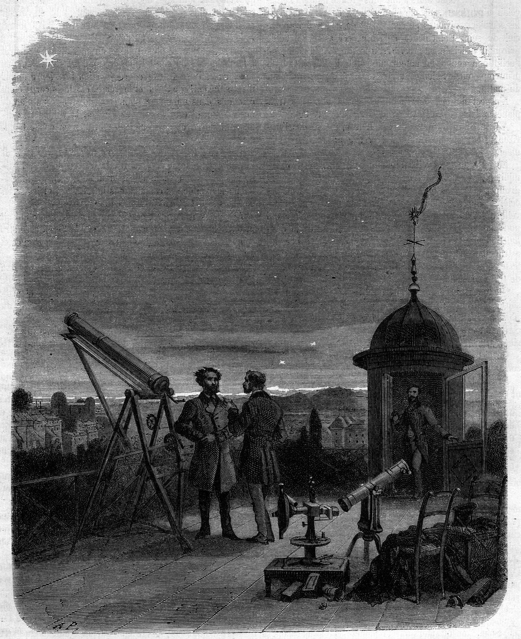 Astronomer observerer med sine astronomiske briller planeten Merkur på himmelen i Paris, 17. februar av Unknown artist