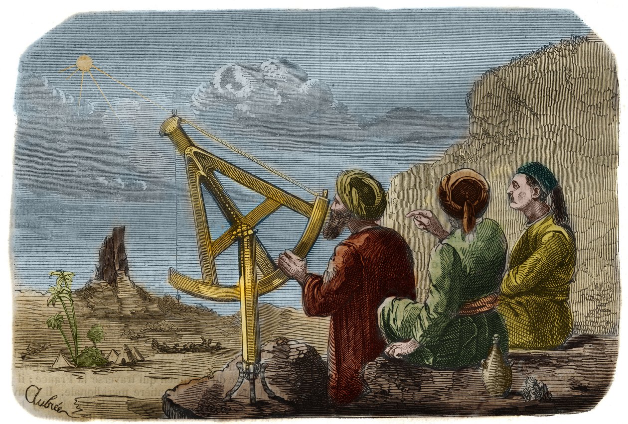 Astronomi: Arabiske forskere hever solens høyde i Babylonssletten rundt 825. De bruker en kvart sirkel med nåler. Gravering fra 1857 i "" Le Musee Des Sciences"" av Unknown artist