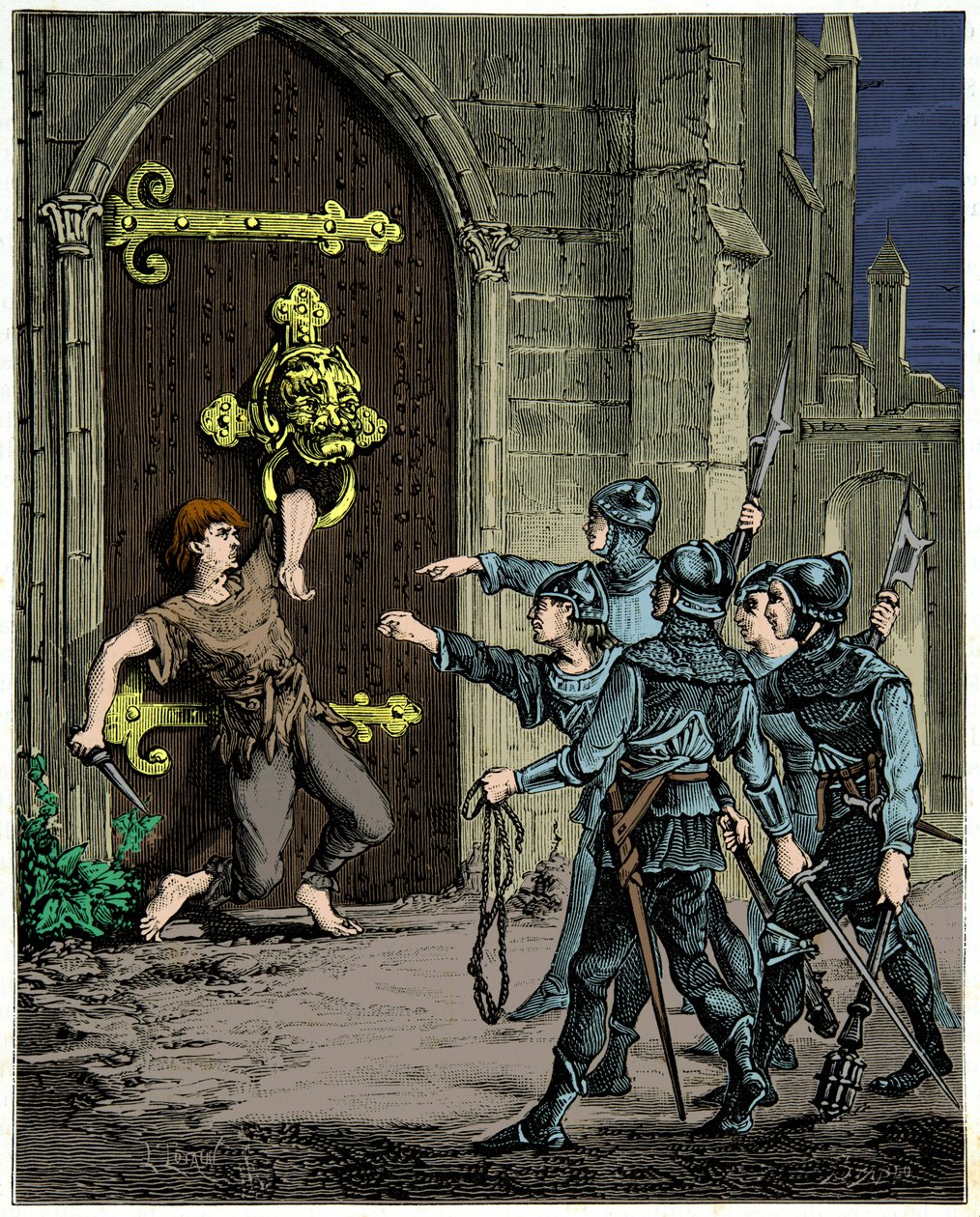 Asylring. En stor jernring med et dyrehode på døren til kirkene tjente kriminelle som kom for å kreve asylretten, rettferdigheten stoppet i det øyeblikket han ble jaget inn i ringen. av Unknown artist
