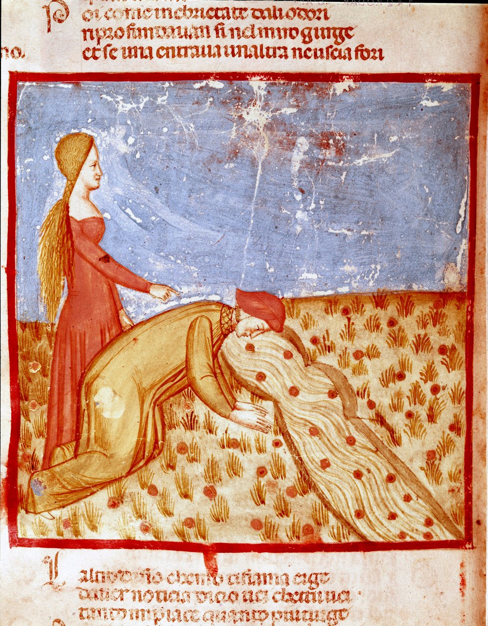Ved inngangen til Paradise møter Dante Mathelda, og drikker vann fra Eunoe-elven, noe som gjør minnet om gode ting oppnådd. Opplyst side som illustrerer en sang fra Paradiset fra "Divina Commedia" av Dante Alighieri (1265-1321). 14. årh av Unknown artist