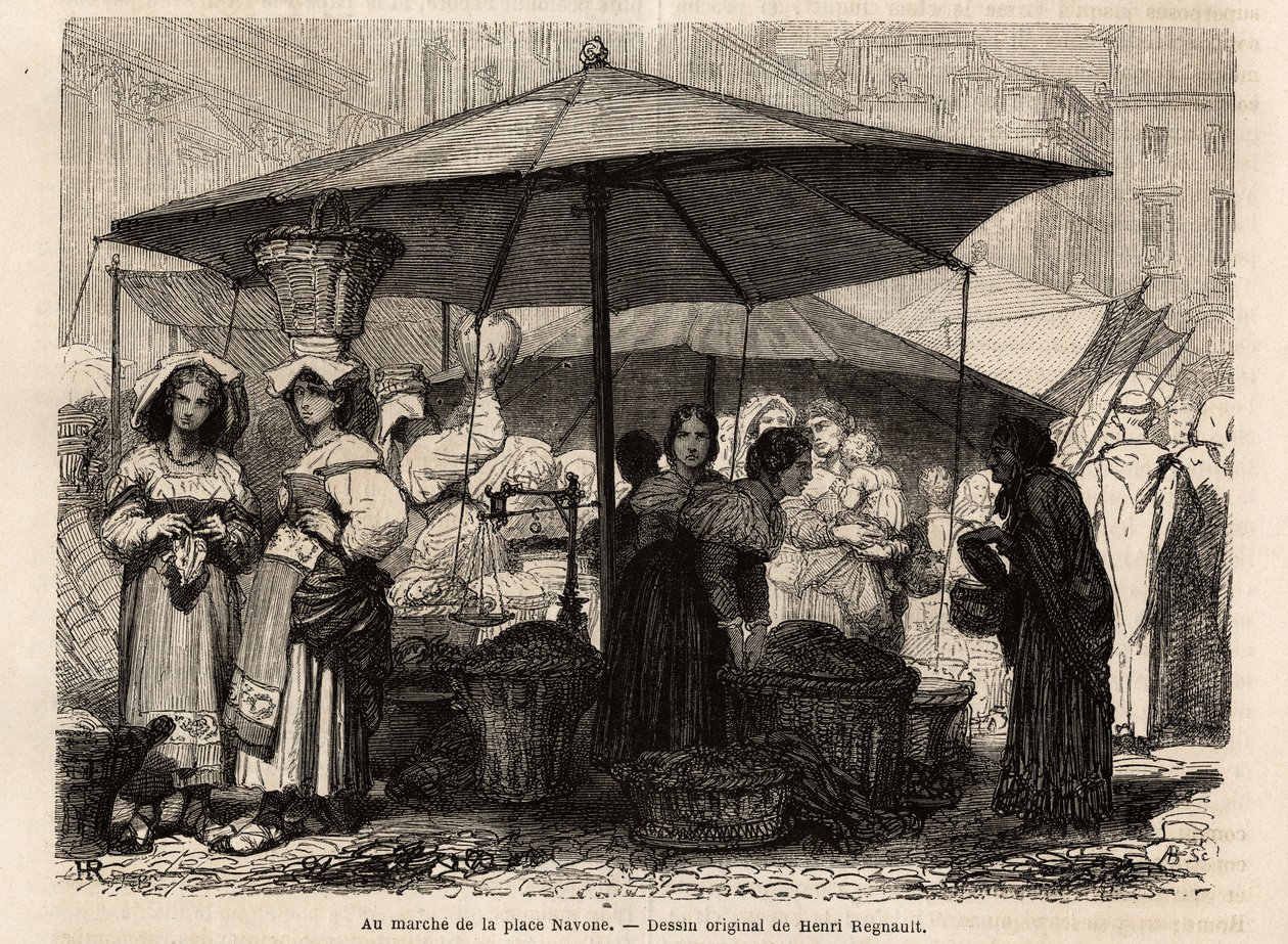 Ved foten av Piazza Navona, Roma (Italia). Gravering for å illustrere reisen til Roma, av Francis Wey, i 1864-1868, publisert i "Le tour du monde, nouveau journal des voyages", under ledelse av Edouard Charton av Unknown artist
