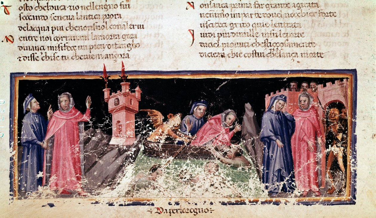 Til venstre står Dante og Virgil ved bredden av elven Styx, den dystre bredden av Acheron. I sentrum ferger Charon Dante og Virgil, som ser veldig skremt ut (sang 3 fra Hell, in the Divine Comedy) - miniatyr av Unknown artist