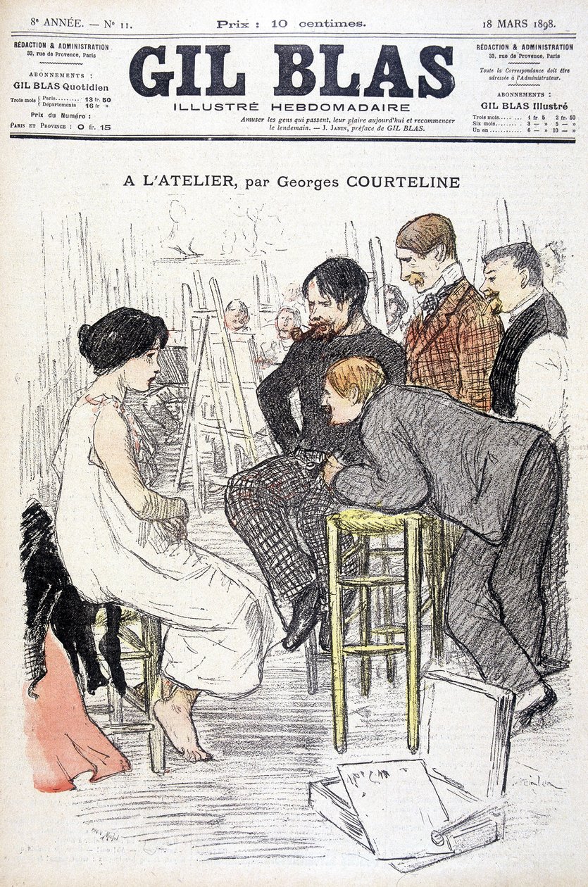 På verkstedet av Georges Courteline. Mann som ser på en kvinne som poserer i et verksted. I "" Gil Blas"", den 18/03/1898. av Unknown artist