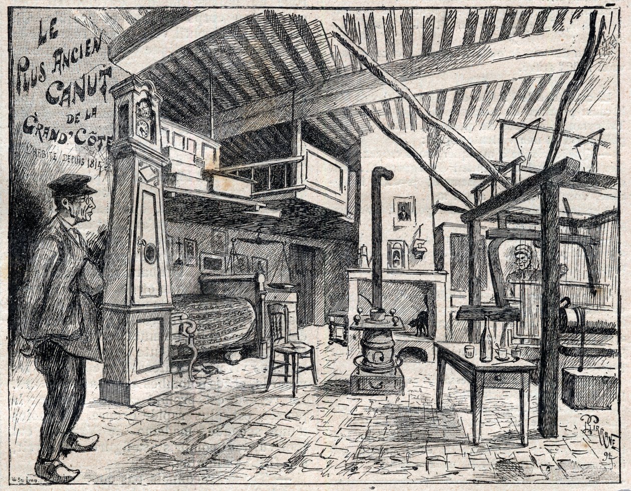 Atelier de Canut a Lyon - the oldest canut of the Grand Cote since 1814 engraving in “Le Progres illustrious”” of 1895 av Unknown artist