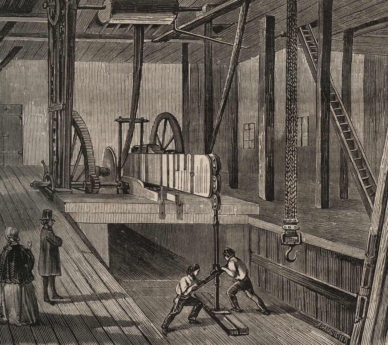 Atelier de drilling du well artesian de Passy. Gravering fra 1856 i «Le Musee Des Sciences»» av Unknown artist