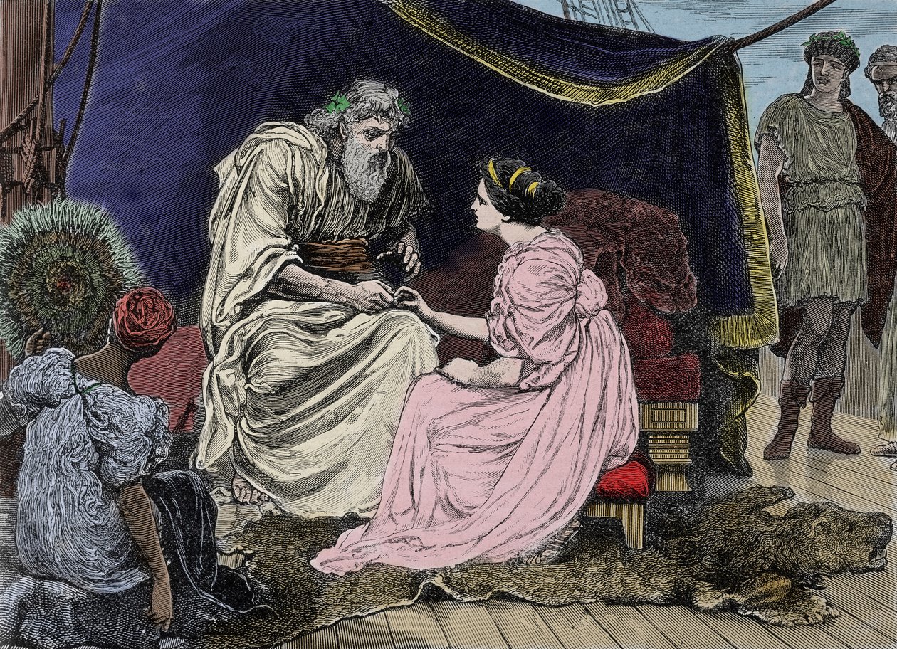 Den athenske statsmannen Pericles (495 f.Kr.-429 f.Kr.), en tilhenger av demokrati, med datteren Marine. Gravering fra 1800-tallet (19-1233) av Unknown artist