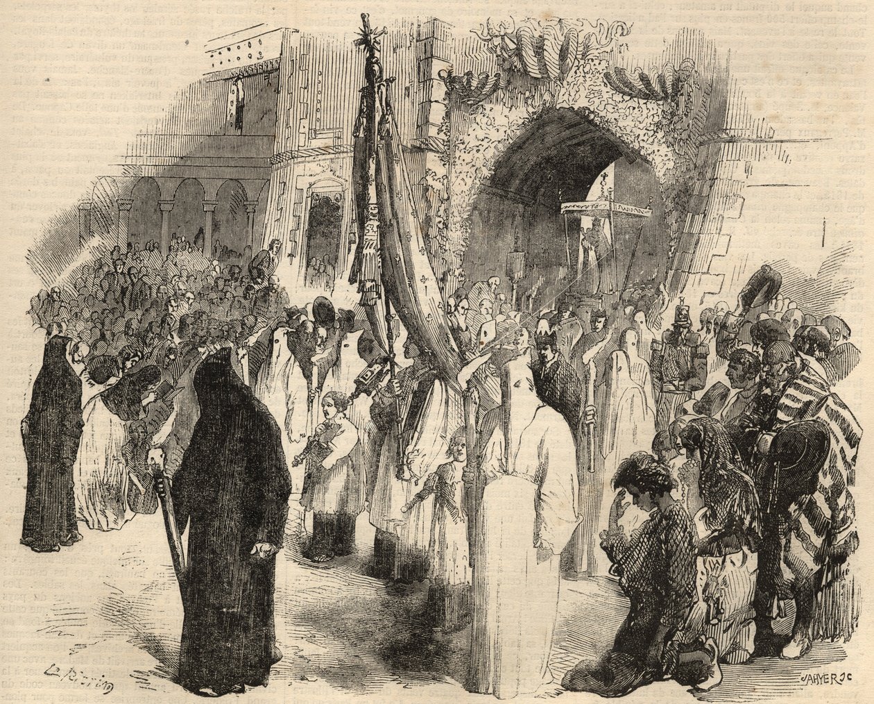 Forsoningsprosesjon for opphør av gul feber i Lisboa, Portugal i 1857. Gravering i «Le Monde illustrious»» fra 1857. Privat samling. av Unknown artist