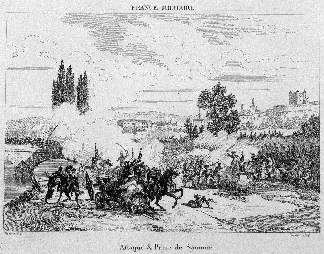 Attack and capture of Saumur. 19th century engraving. av Unknown artist