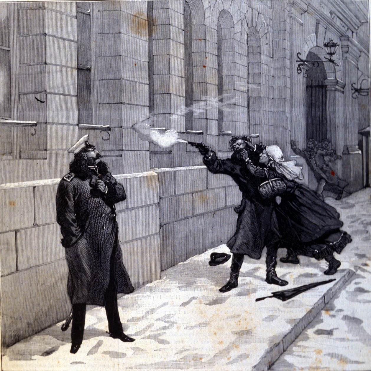 Angrep rettet mot tsar Alexander II (1818 - 1881) i St. Petersburg i 1879. Gravering av 1800-tallet av Unknown artist