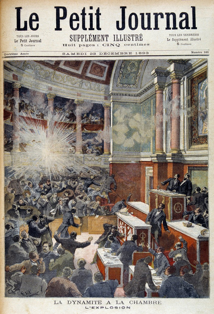 Angrep i Deputerthuset. Eksplosjon forårsaket av en bombe stilt av anarkisten Auguste Vaillant (1861-1894). i "" Le Petite journal"", 23/12/1893 av Unknown artist