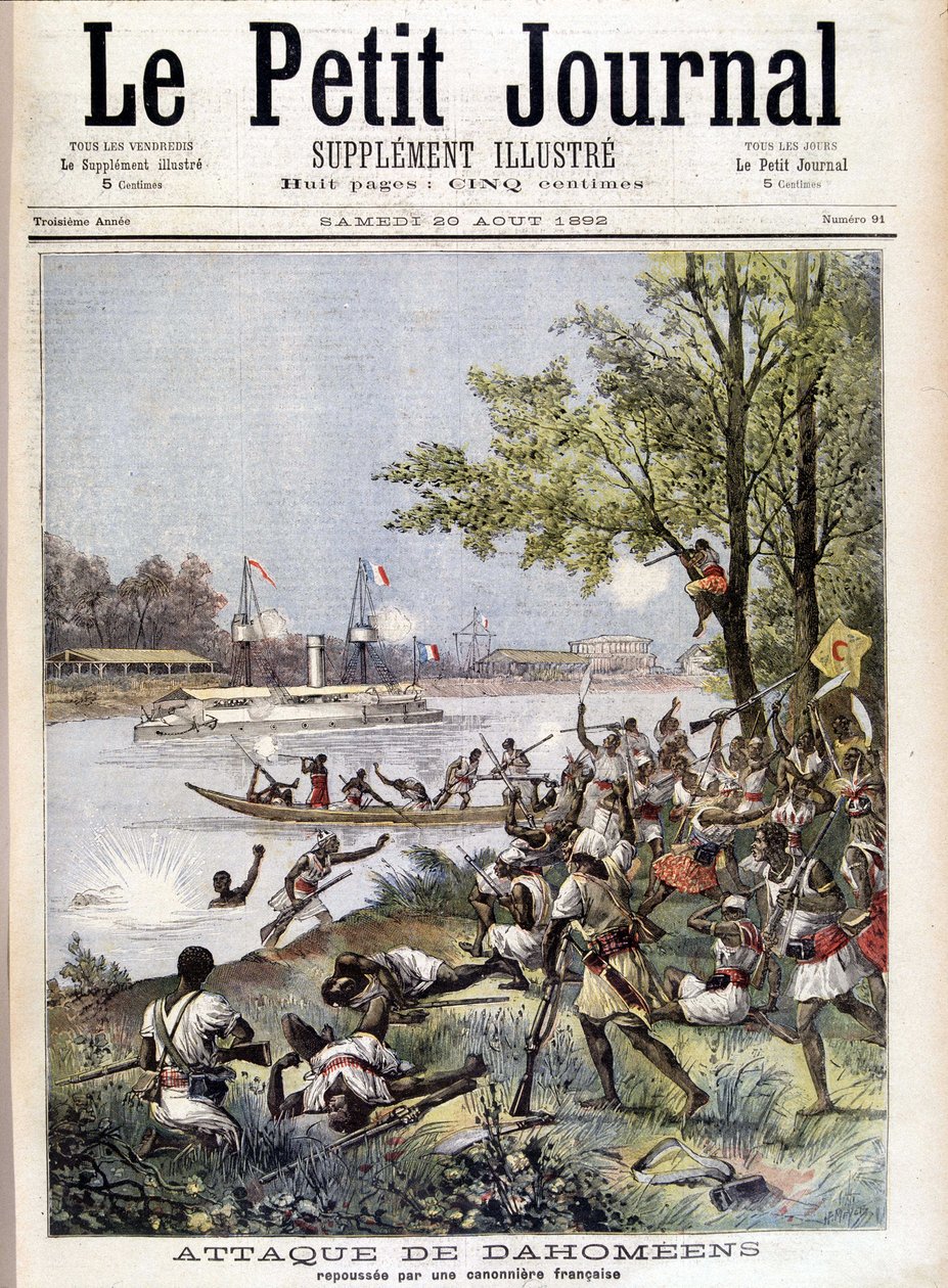 Angrep av Dahoméans frastøtt av en fransk kanonbåt - i "" Le Petité Journal"" av 20.08.1892 av Unknown artist